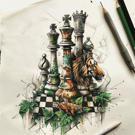 Flat tattoo sketch of an eco-themed chess game with animal pieces