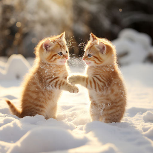 Orange cat kittens playing in the snow