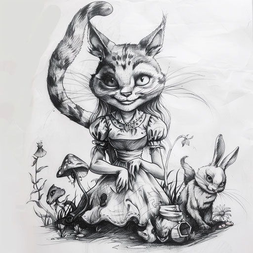Wonderland-inspired tattoo with Alice, the Cheshire Cat, and the White Rabbit on a white field
