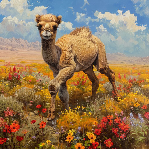 Baby camel's first steps in desert wildflowers