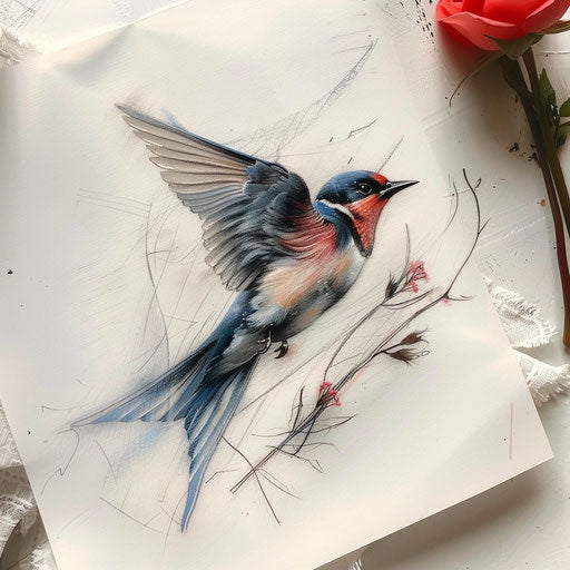 Realistic drawing of a swallow tattoo with vivid colors and textures, displayed on a white surface
