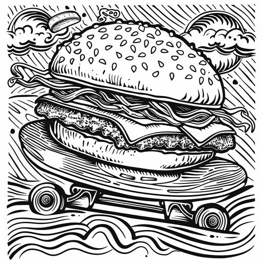 Whimsical burger skateboarding and doing tricks