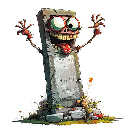 Humorous caricature of a gravestone with human characteristics