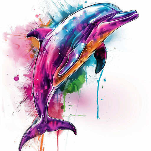 Neon dolphin tattoo in graffiti style against white background