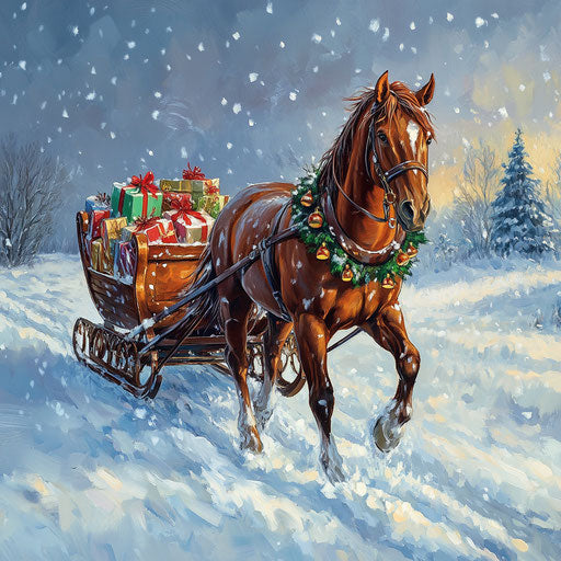 Chestnut horse pulling sleigh filled with Christmas gifts across snowy field