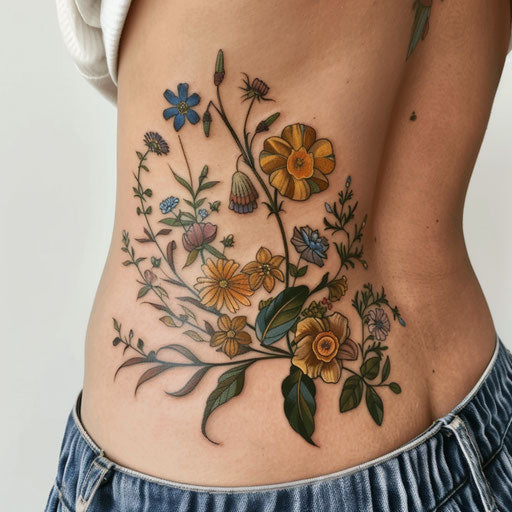 Botanical rib tattoos in Maria Sibylla Merian style