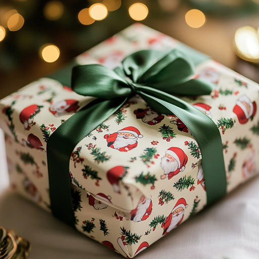 A whimsical Christmas gift, wrapped in paper patterned with tiny Santa Claus figures, tied with a bright green ribbon.
