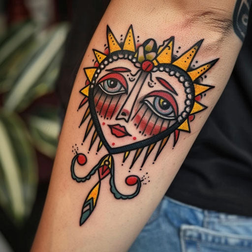 Cultural flat tattoo sketch of a crying heart with traditional folk motifs