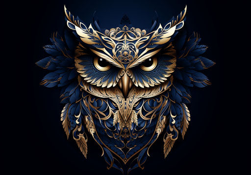 Owl in a pattern with elaborate ornaments, dark symbolism