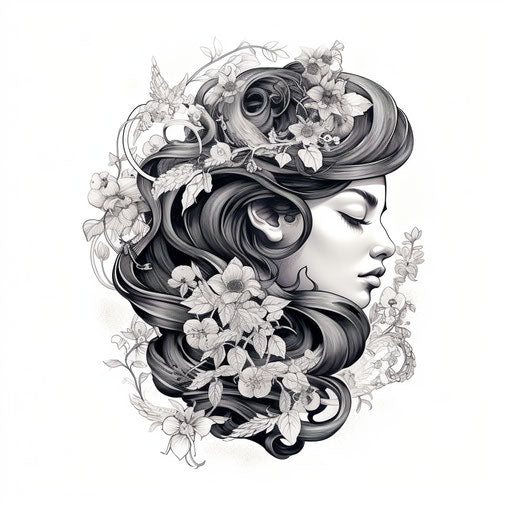 Asian Indian woman vyrus head vine drawing mythology art