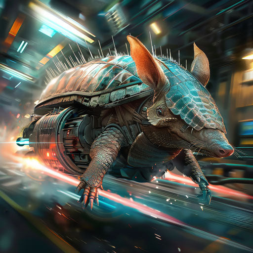 An armadillo races in a high-speed futuristic vehicle