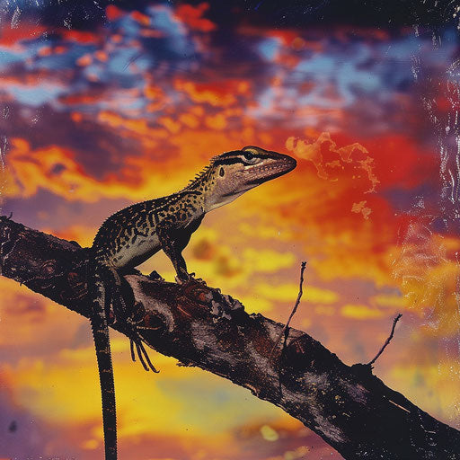 Anole lizard against a dramatic sunset