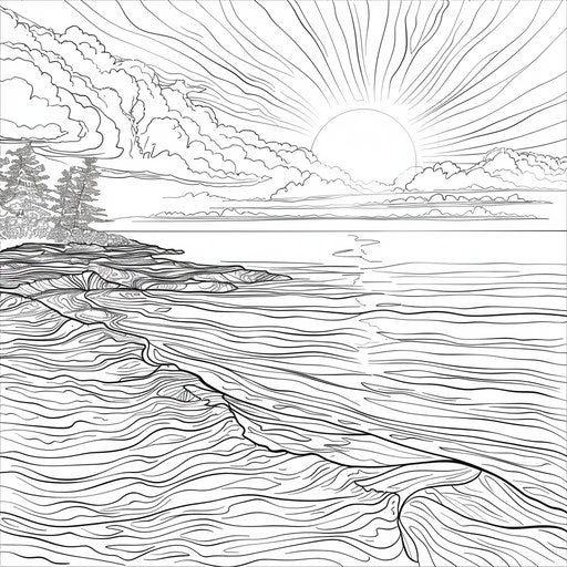 Sunset over a calm ocean with reflections in the water