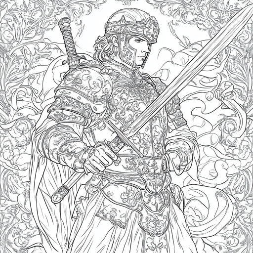 Brave knight in armor holding a sword with intricate designs