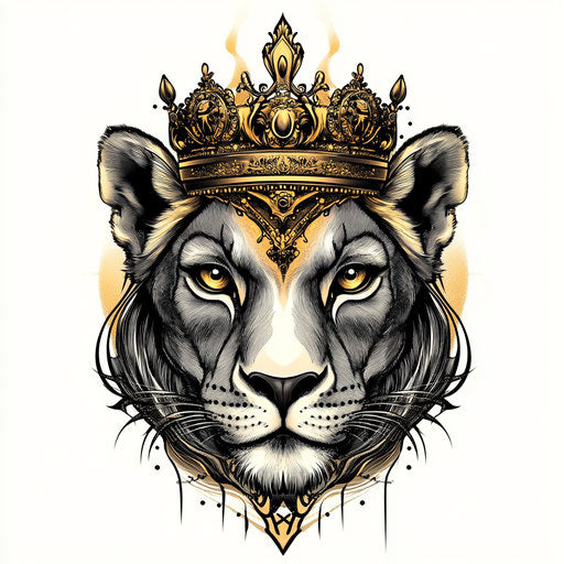 Queen tattoo with lioness and crown in black and gold