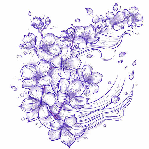 Energetic flat tattoo sketch of sakura blossoms in a dynamic, wind-swept arrangement