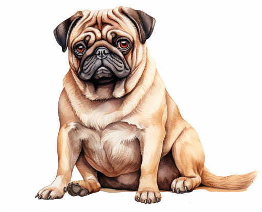 Adult pug sitting on white background, raw style, confrontational figures