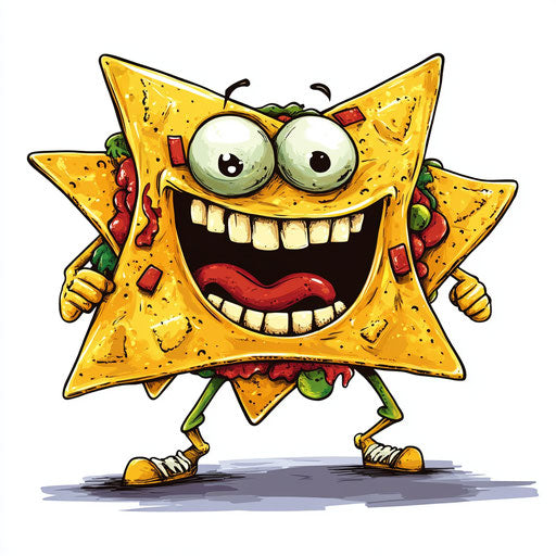 Humorous caricature of a nachos caricature clipart with human characteristics, exaggerated grin teeth, short legs, bright colors, vibrant colors, cartoon style, surprised, high-resolution, isolated
