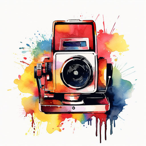 Impressionistic art style polaroid camera clipart on white background