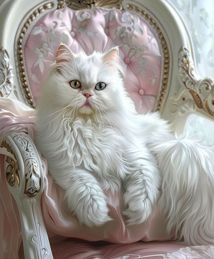 White Persian cat on white wooden chair