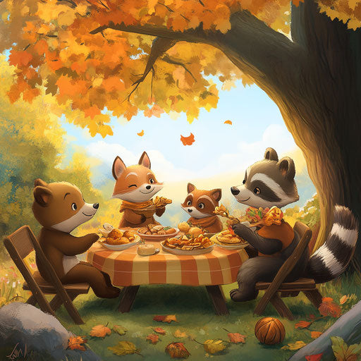 Cartoon animal Thanksgiving feast at picnic table