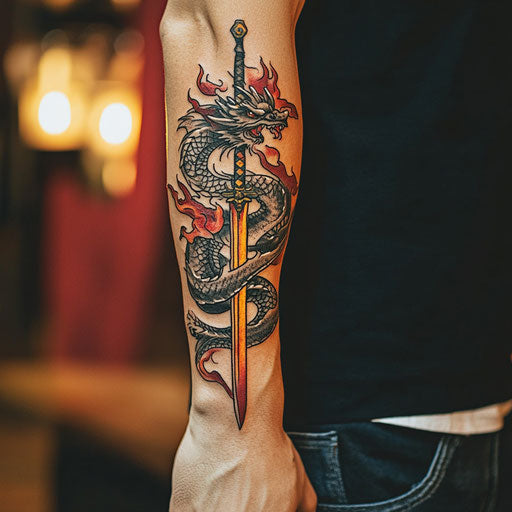 Dragon arm tattoo with flaming sword, Ami James style