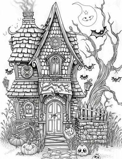 Free Halloween coloring pages: The haunted house in light sky-blue and light magenta