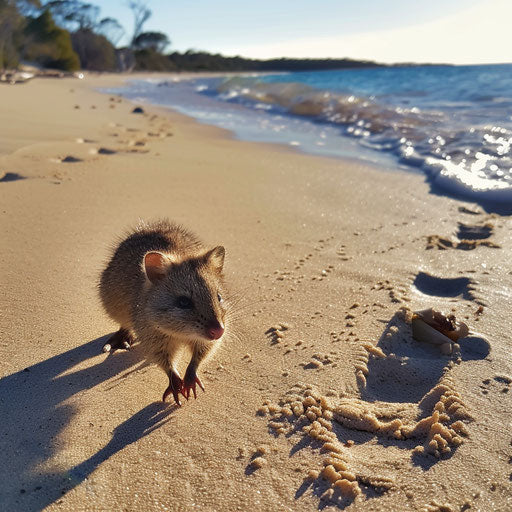 Quokka hopping on sandy beach, leaving tiny footprints as waves lap shore.