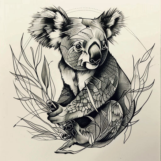 Contemporary flat tattoo design of a koala with stark minimal lines
