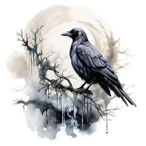 Raven on a branch with smoke in the air