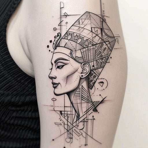 Stylish flat tattoo sketch of Nefertiti with Art Deco accents