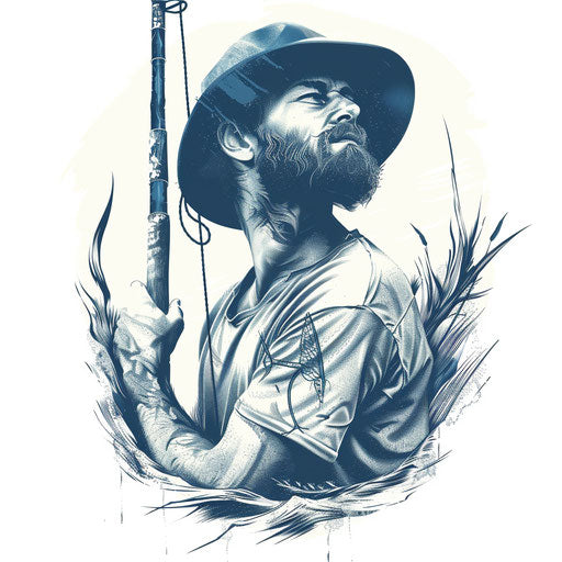 Fisherman with fishing pole, retro tattoo style