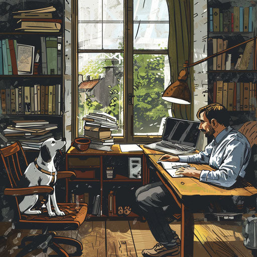 A man working in his home office with a dog on a chair watching him work