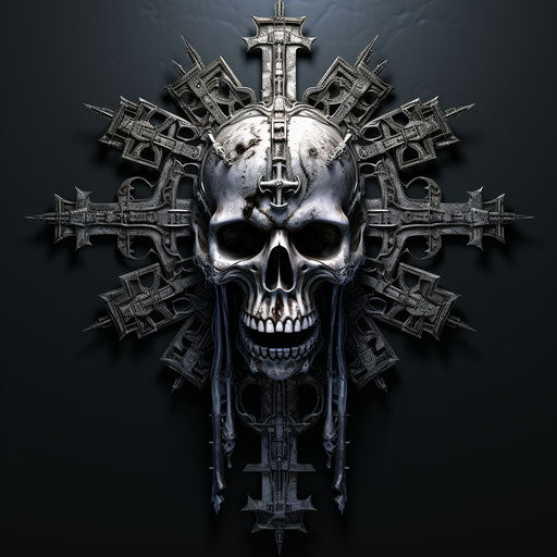 Death head with broken cross, energy-charged and rustic style