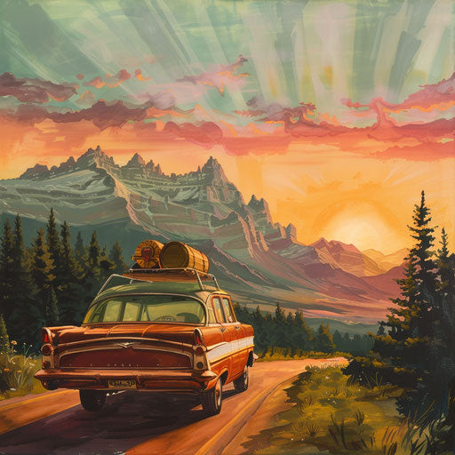 Mountain Sunrise: Classic station wagon with camping gear