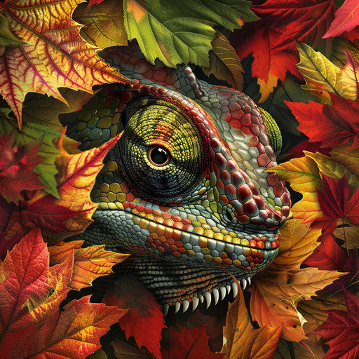 Chameleon peeking through a kaleidoscope of autumn leaves