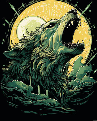 Wolf howling at the moon and sun