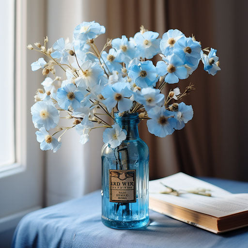 Blue flowers in a bottle of water on a table