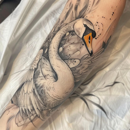 Elegant neo-traditional tattoo of a swan in white and gray