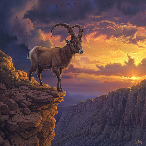 Majestic ibex standing on rocky cliff at sunset