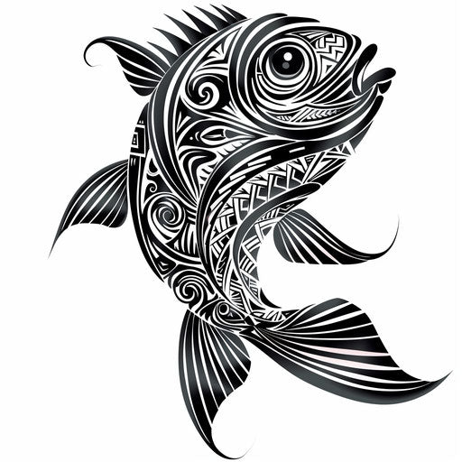 Drawing of a Polynesian fish tattoo, authentic patterns and symbols representing protection, on white background.