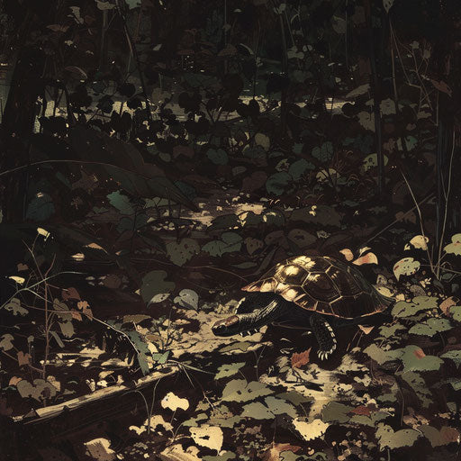 Ancient forest: wood turtle in shadowy underbrush