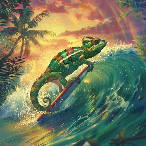 Chameleon surfing on rainbow wave in tropical paradise
