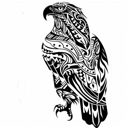 Polynesian inspired eagle tattoo, intricate tribal patterns and symbols on white