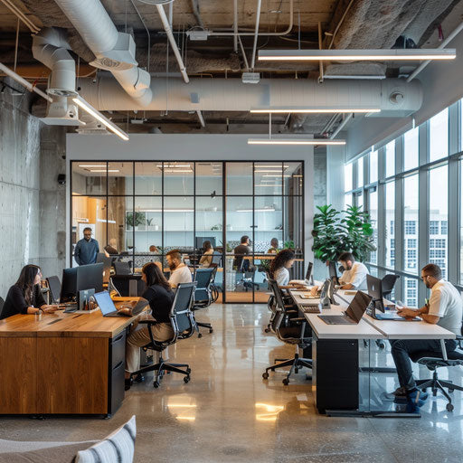 Collaborative office environment with shared desks and friendly vibe