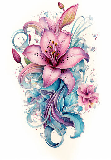 Pink lily tattoo on paper, light violet and turquoise style
