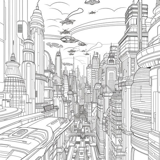 Futuristic city with skyscrapers and flying cars