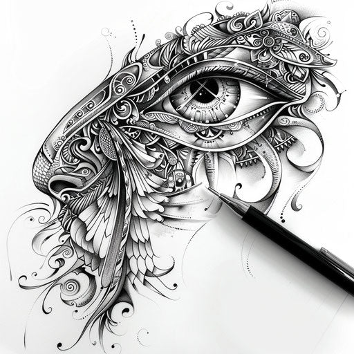 Monochromatic Eye of Horus tattoo concept, focusing on shades of grey and intricate patterns, against a white background