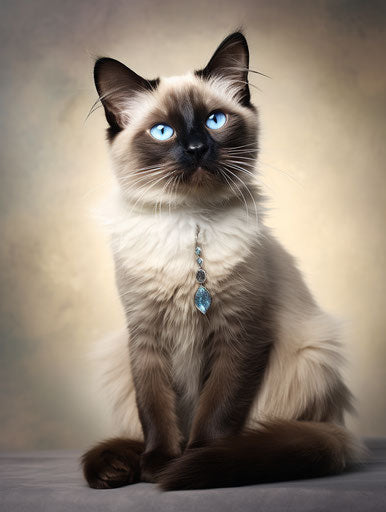 Siamese kitten sitting, light beige and dark azure style, dark white and light magenta, dark brown and light beige, soft mist, exaggerated nobility