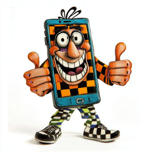 Humorous caricature of a mobile phone with human characteristics